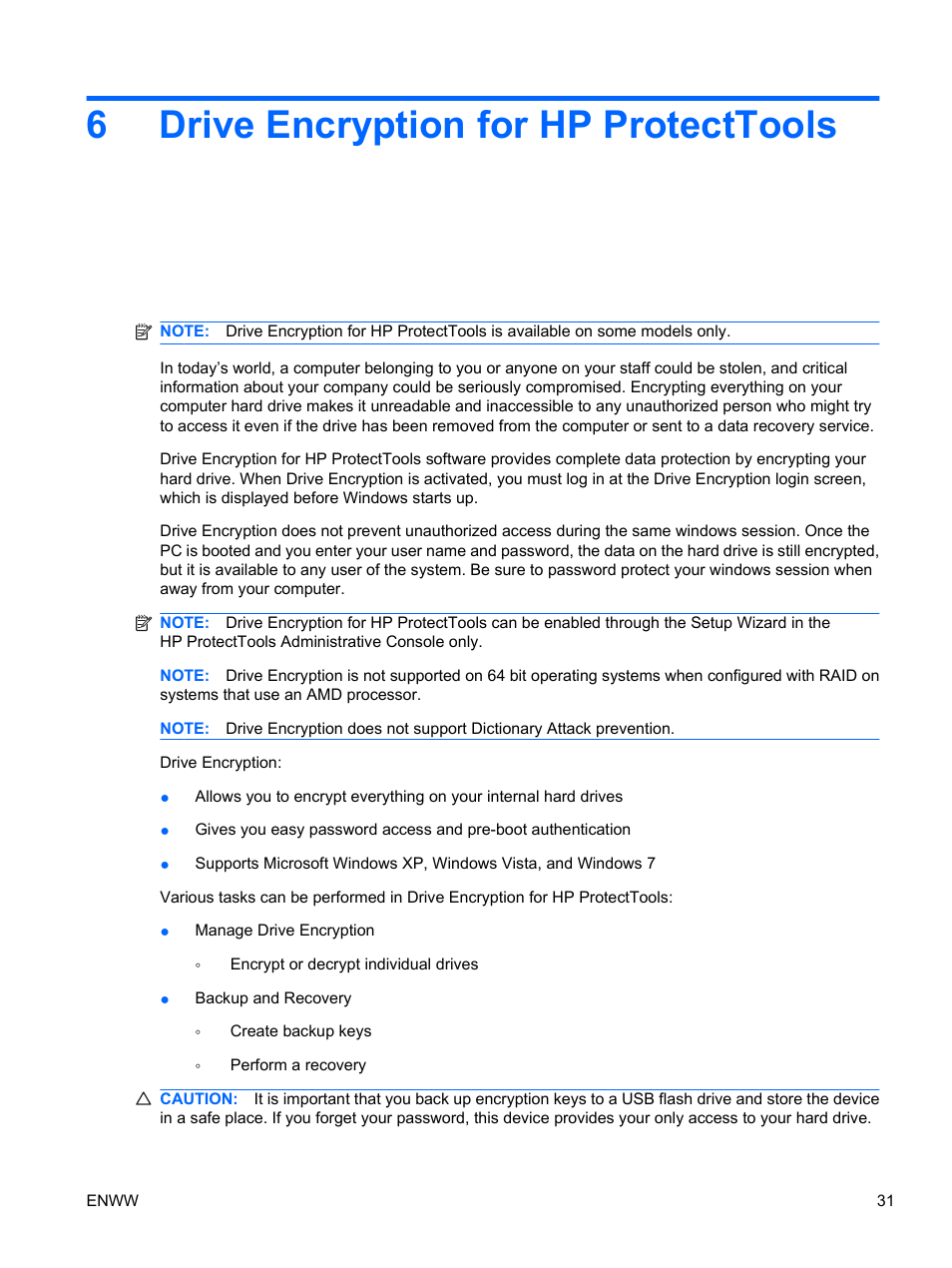 Drive encryption for hp protecttools, 6 drive encryption for hp protecttools, Drive encryption for | 6drive encryption for hp protecttools | HP Pro 3120 Small Form Factor-PC User Manual | Page 39 / 58