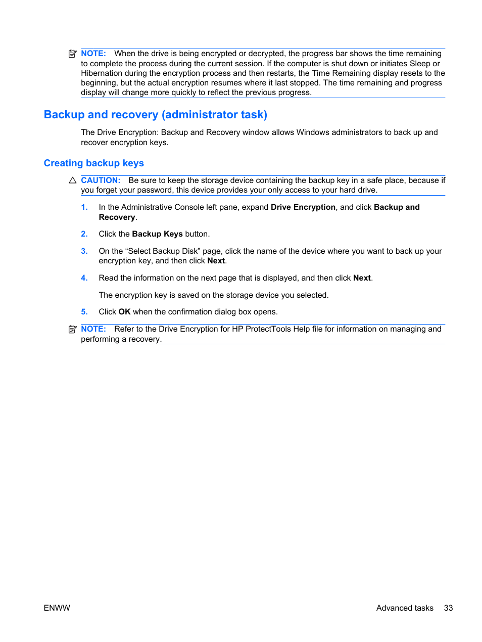 Backup and recovery (administrator task), Creating backup keys | HP Pro 3120 Small Form Factor-PC User Manual | Page 41 / 58