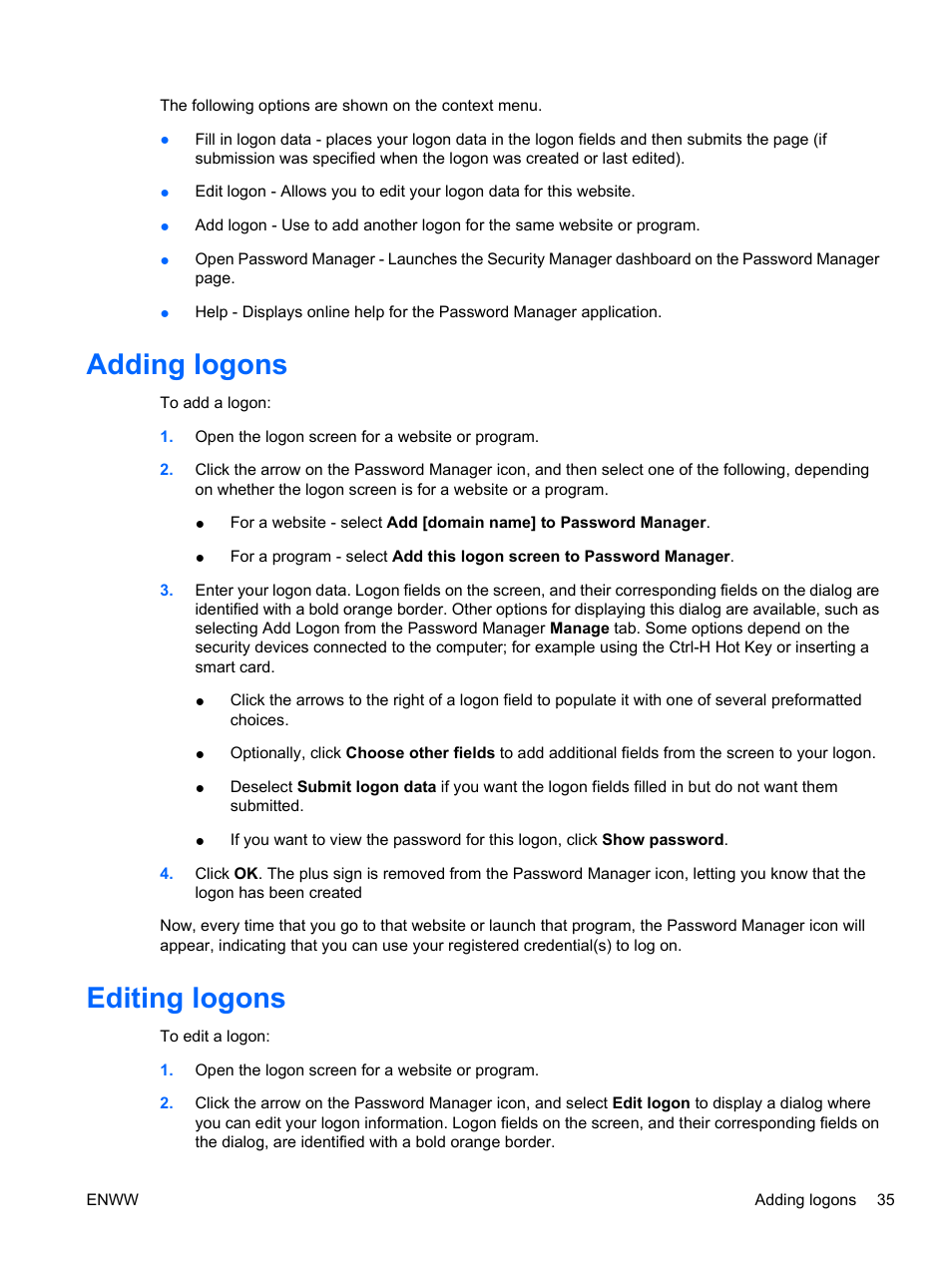 Adding logons, Editing logons, Adding logons editing logons | HP Pro 3120 Small Form Factor-PC User Manual | Page 43 / 58