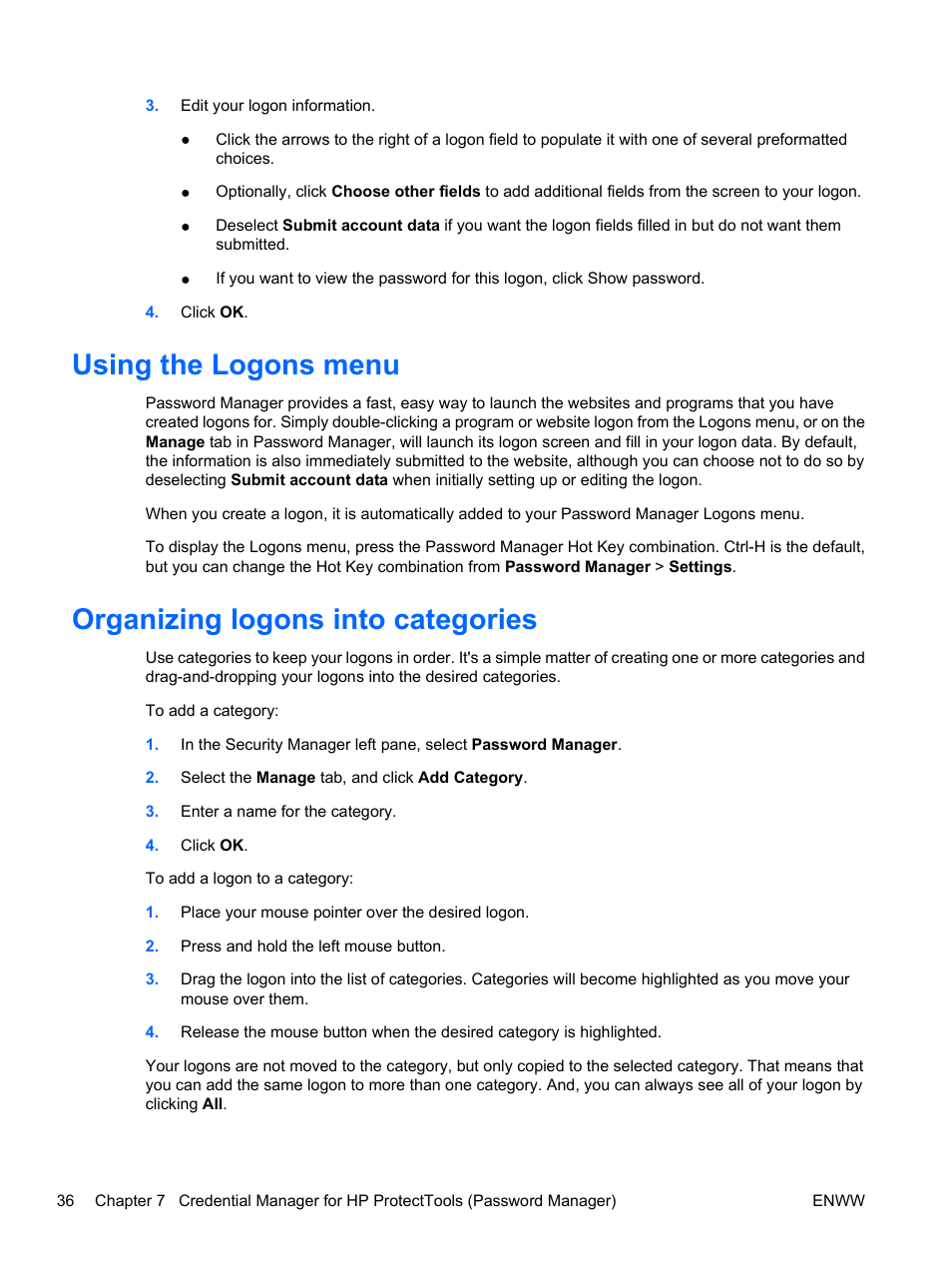 Using the logons menu, Organizing logons into categories | HP Pro 3120 Small Form Factor-PC User Manual | Page 44 / 58