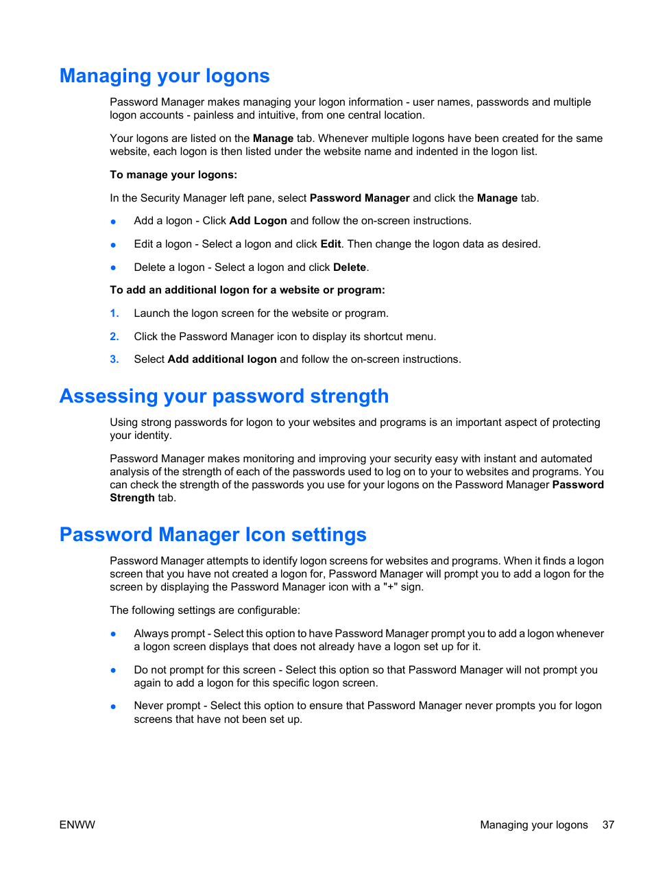 Managing your logons, Assessing your password strength, Password manager icon settings | HP Pro 3120 Small Form Factor-PC User Manual | Page 45 / 58