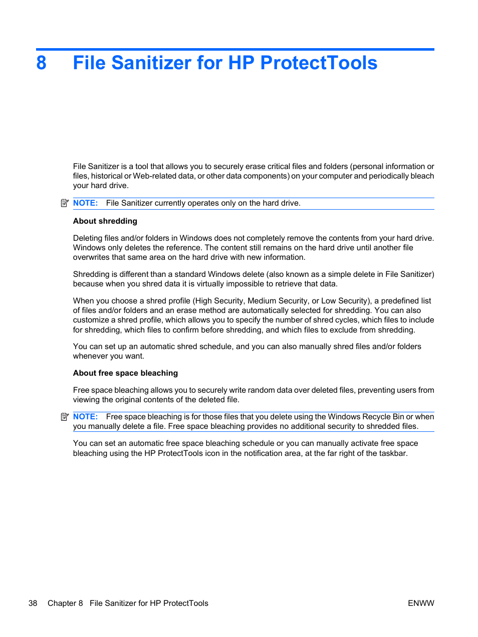 File sanitizer for hp protecttools, 8 file sanitizer for hp protecttools, File sanitizer for | 8file sanitizer for hp protecttools | HP Pro 3120 Small Form Factor-PC User Manual | Page 46 / 58