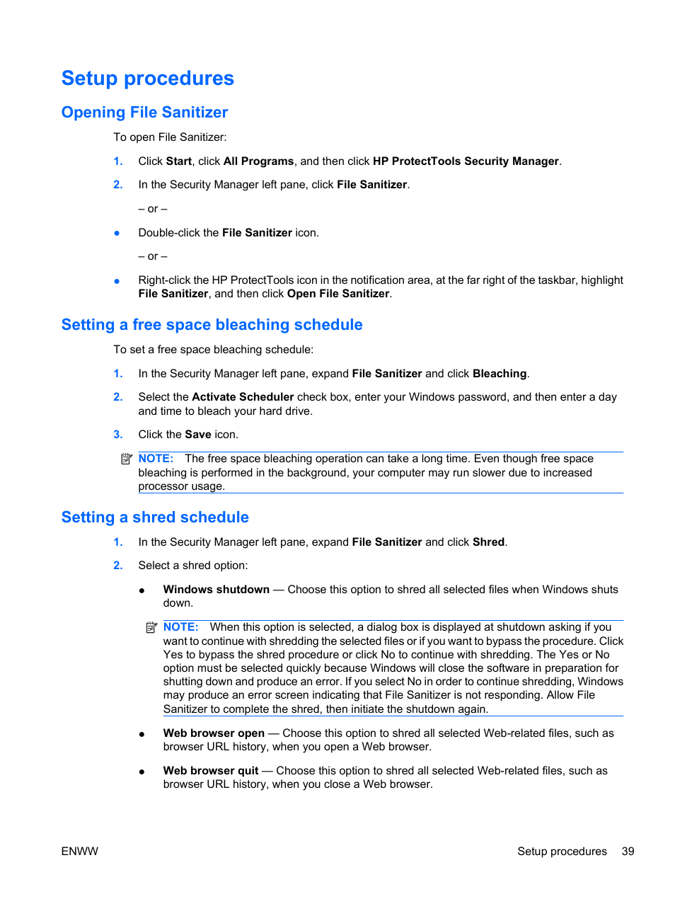 Setup procedures, Opening file sanitizer, Setting a free space bleaching schedule | Setting a shred schedule | HP Pro 3120 Small Form Factor-PC User Manual | Page 47 / 58