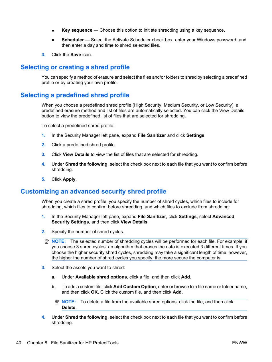 Selecting or creating a shred profile, Selecting a predefined shred profile, Customizing an advanced security shred profile | HP Pro 3120 Small Form Factor-PC User Manual | Page 48 / 58