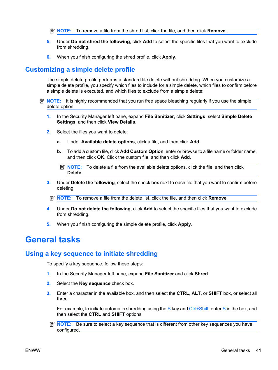 Customizing a simple delete profile, General tasks, Using a key sequence to initiate shredding | HP Pro 3120 Small Form Factor-PC User Manual | Page 49 / 58