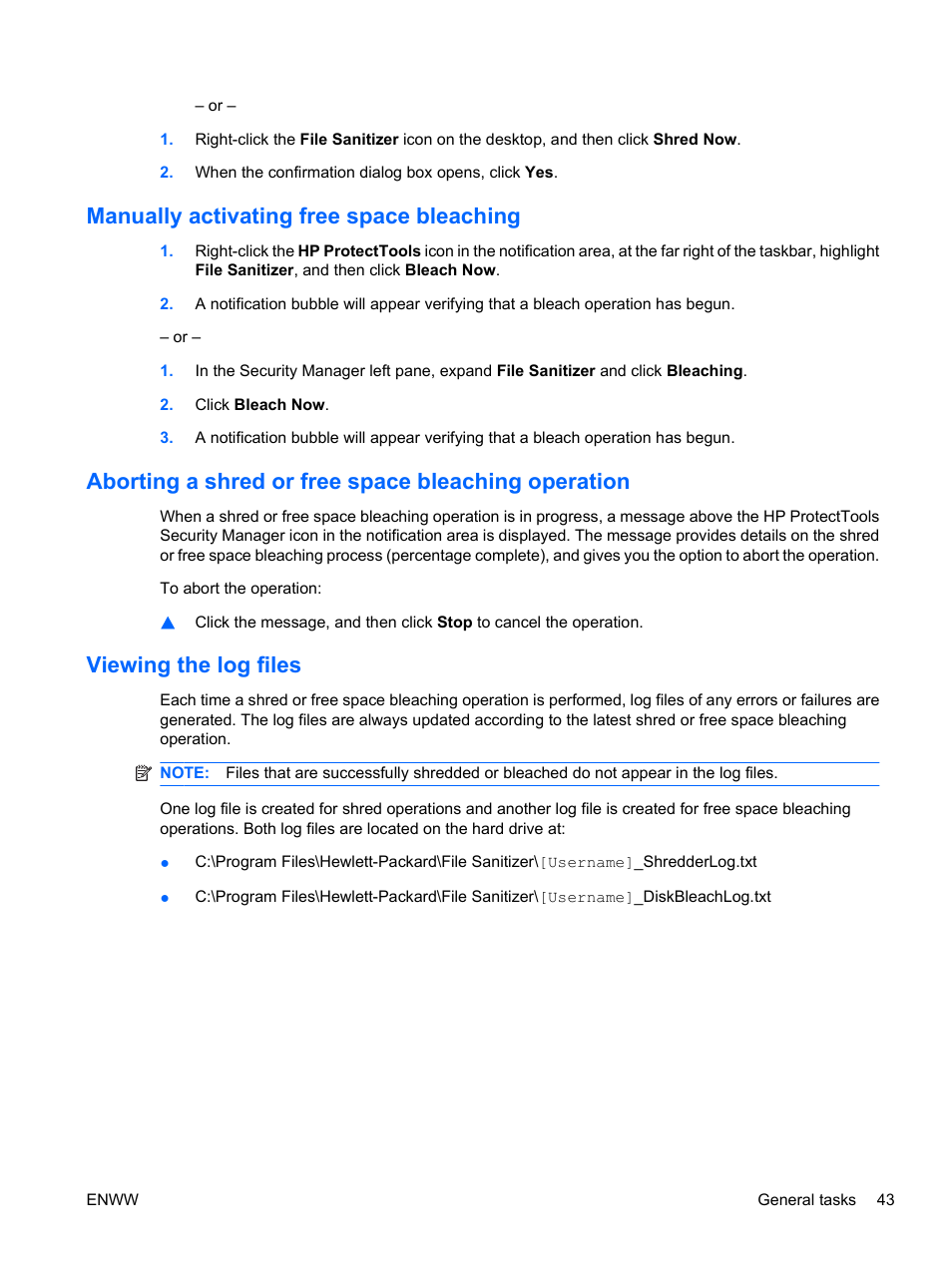 Manually activating free space bleaching, Aborting a shred or free space bleaching operation, Viewing the log files | HP Pro 3120 Small Form Factor-PC User Manual | Page 51 / 58