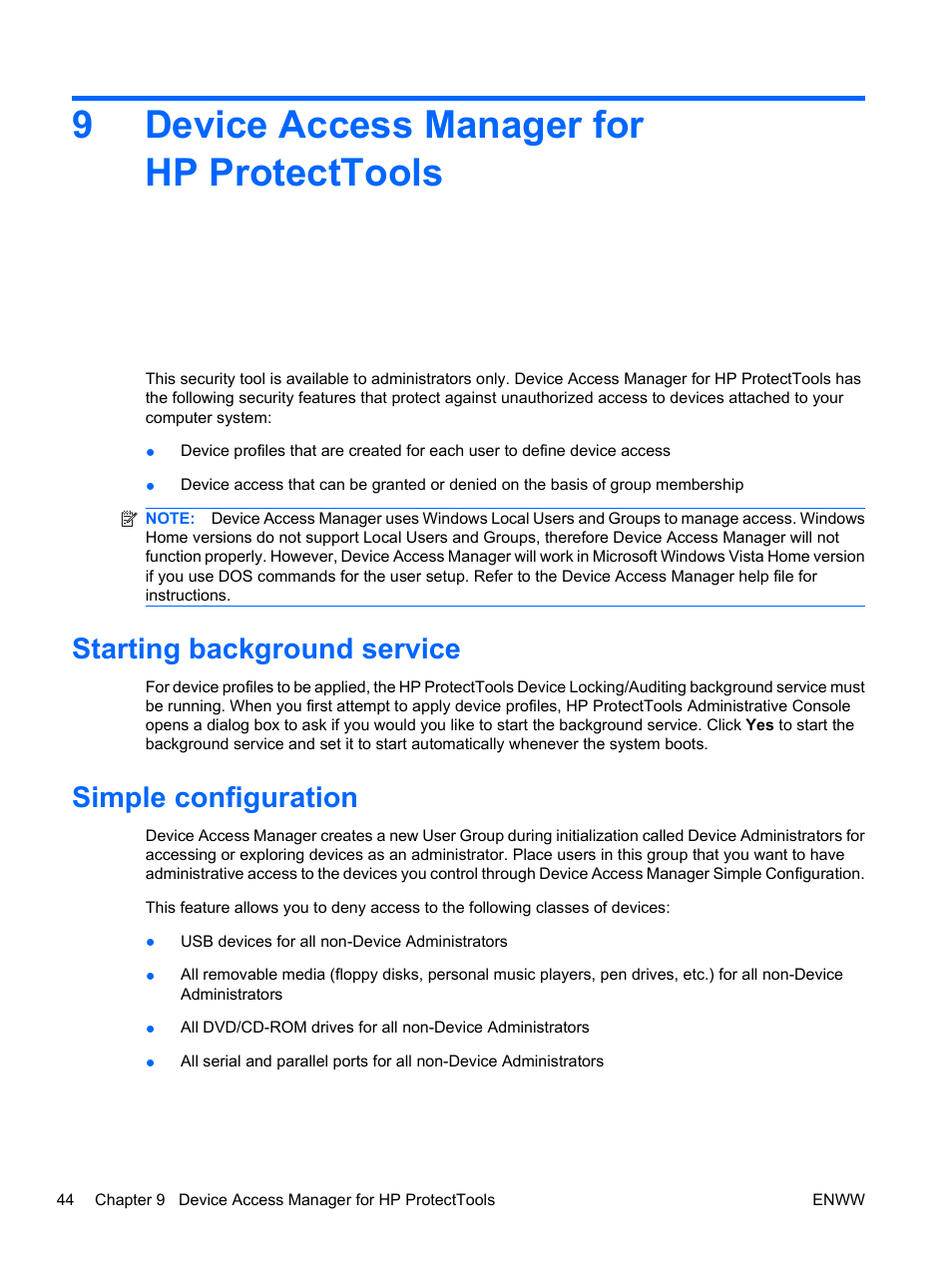Device access manager for hp protecttools, Starting background service, Simple configuration | 9 device access manager for hp protecttools, Starting background service simple configuration, 9device access manager for hp protecttools | HP Pro 3120 Small Form Factor-PC User Manual | Page 52 / 58