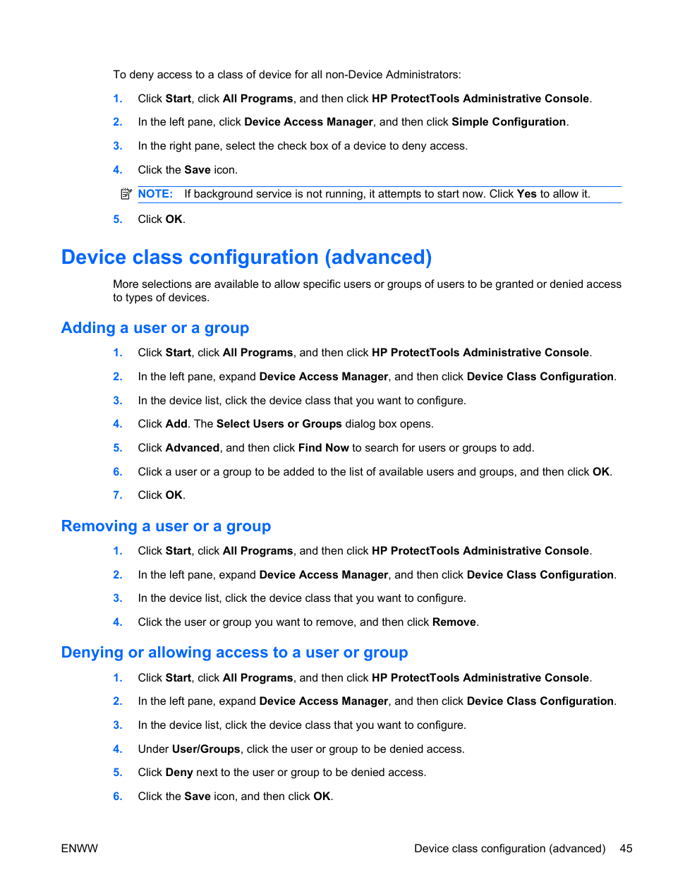 Device class configuration (advanced), Adding a user or a group, Removing a user or a group | Denying or allowing access to a user or group | HP Pro 3120 Small Form Factor-PC User Manual | Page 53 / 58