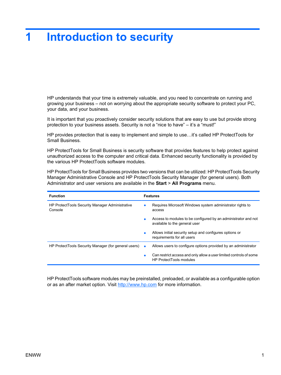 Introduction to security, 1 introduction to security, 1introduction to security | HP Pro 3120 Small Form Factor-PC User Manual | Page 9 / 58