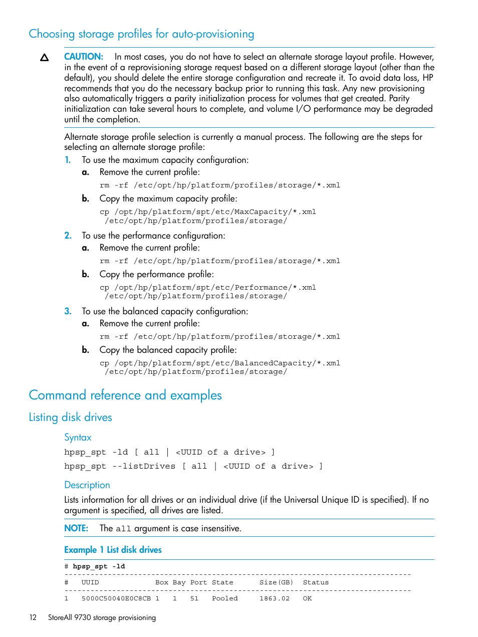 Choosing storage profiles for auto-provisioning, Command reference and examples, Listing disk drives | HP StoreAll Storage User Manual | Page 12 / 47