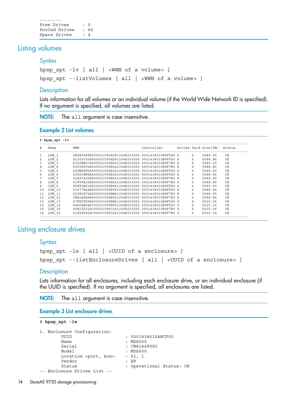 Listing volumes, Listing enclosure drives, Listing volumes listing enclosure drives | HP StoreAll Storage User Manual | Page 14 / 47