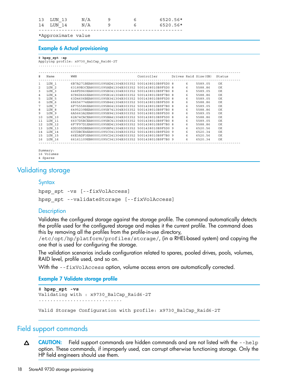 Validating storage, Field support commands, Validating storage field support commands | HP StoreAll Storage User Manual | Page 18 / 47