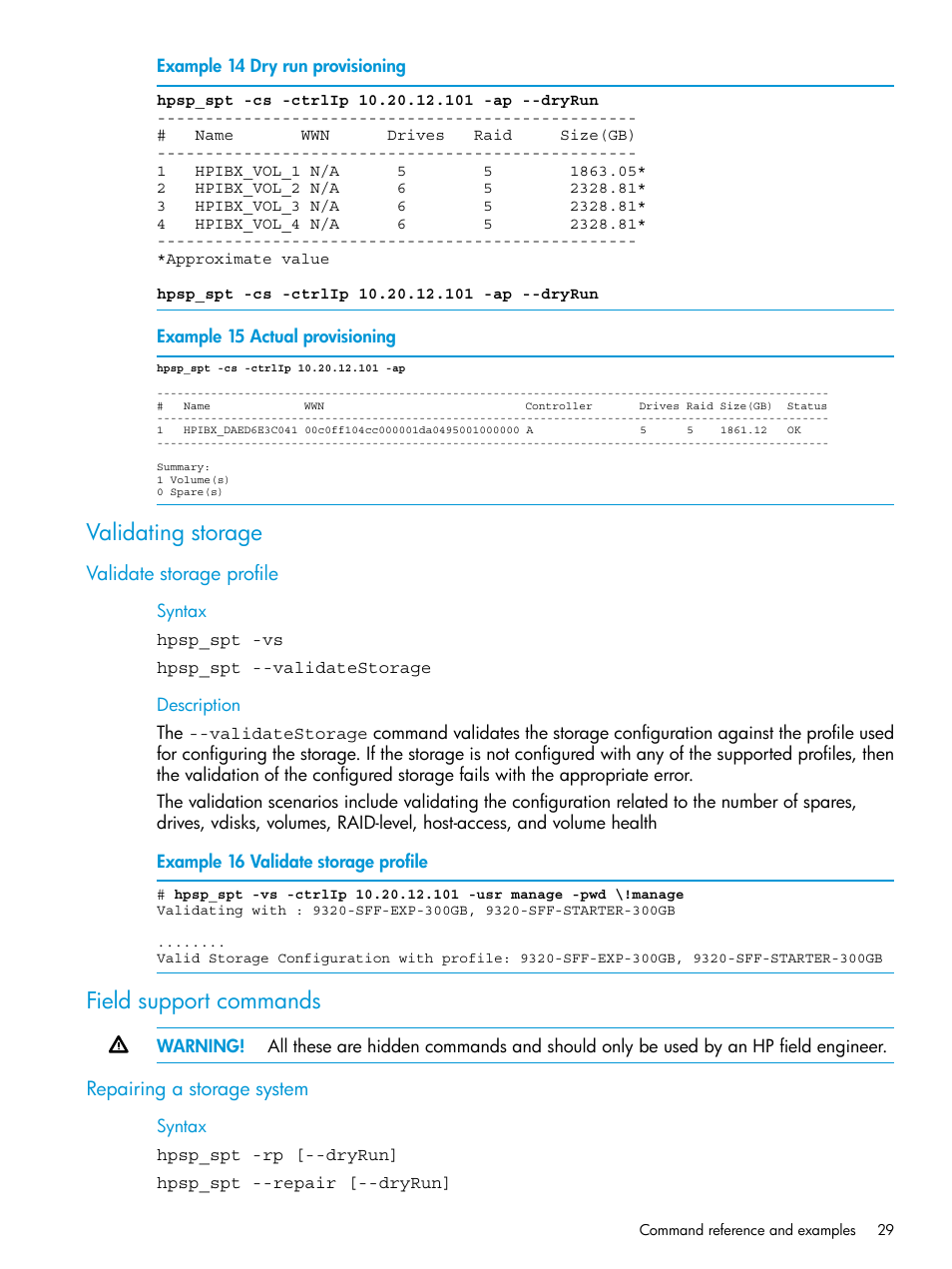Validating storage, Validate storage profile, Field support commands | Repairing a storage system | HP StoreAll Storage User Manual | Page 29 / 47