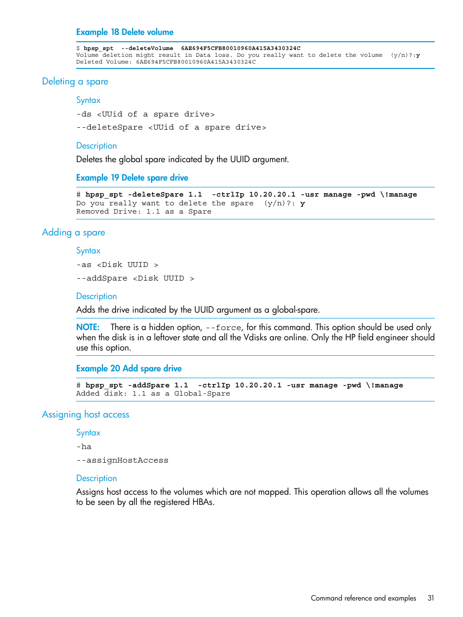 Deleting a spare, Adding a spare, Assigning host access | Adding a spare assigning host access | HP StoreAll Storage User Manual | Page 31 / 47