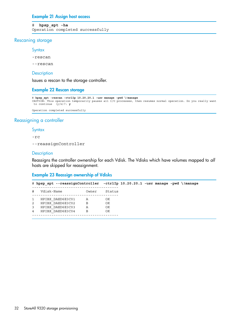 Rescaning storage, Reassigning a controller, Rescaning storage reassigning a controller | HP StoreAll Storage User Manual | Page 32 / 47