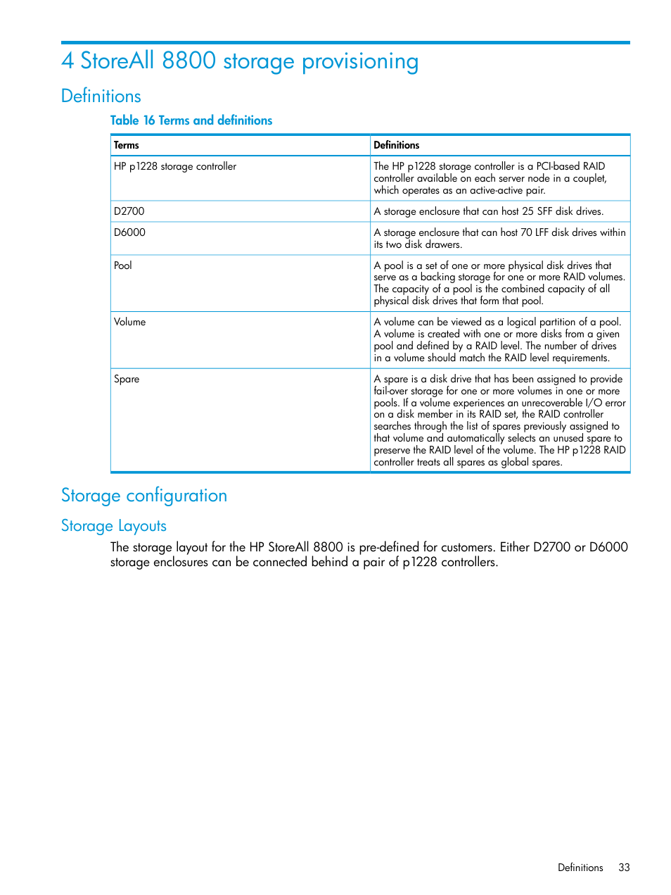 4 storeall 8800 storage provisioning, Definitions, Storage configuration | Storage layouts, Definitions storage configuration | HP StoreAll Storage User Manual | Page 33 / 47