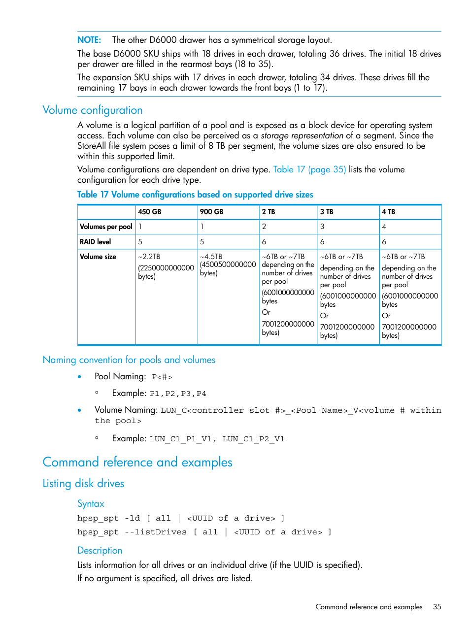 Volume configuration, Naming convention for pools and volumes, Command reference and examples | Listing disk drives | HP StoreAll Storage User Manual | Page 35 / 47
