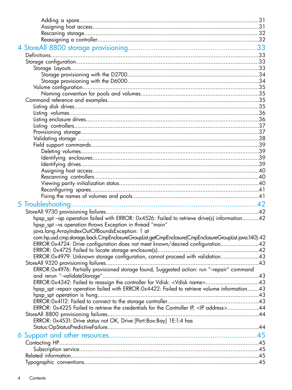 5 troubleshooting, 6 support and other resources | HP StoreAll Storage User Manual | Page 4 / 47