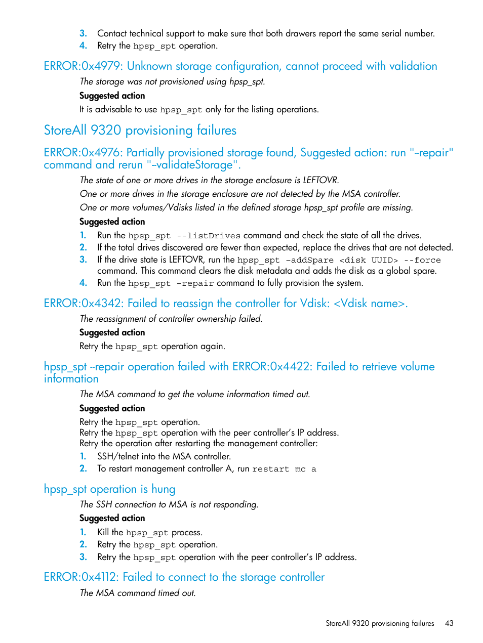 Storeall 9320 provisioning failures, Hpsp_spt operation is hung | HP StoreAll Storage User Manual | Page 43 / 47