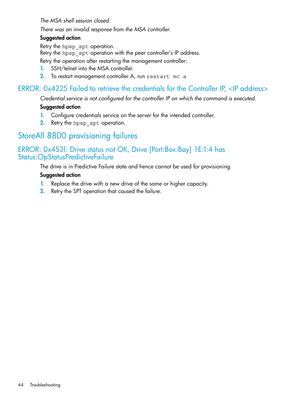 Storeall 8800 provisioning failures | HP StoreAll Storage User Manual | Page 44 / 47