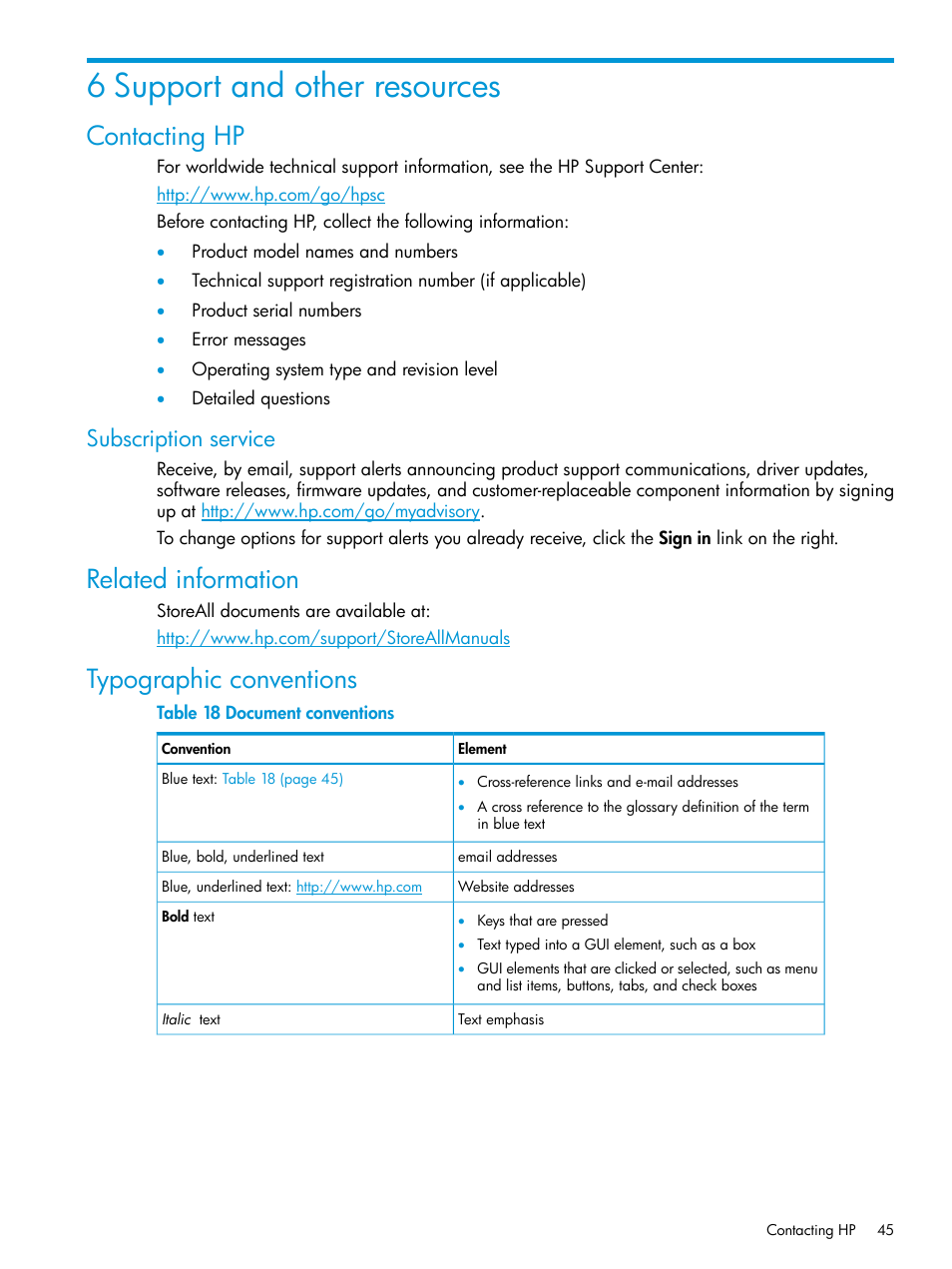 6 support and other resources, Contacting hp, Subscription service | Related information, Typographic conventions, Related information typographic conventions | HP StoreAll Storage User Manual | Page 45 / 47