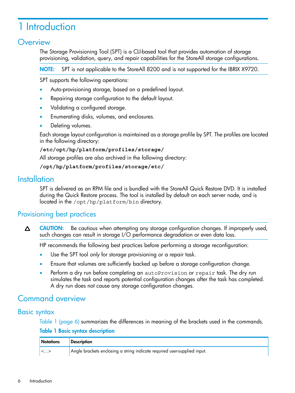 1 introduction, Overview, Installation | Provisioning best practices, Command overview, Basic syntax, Overview installation | HP StoreAll Storage User Manual | Page 6 / 47