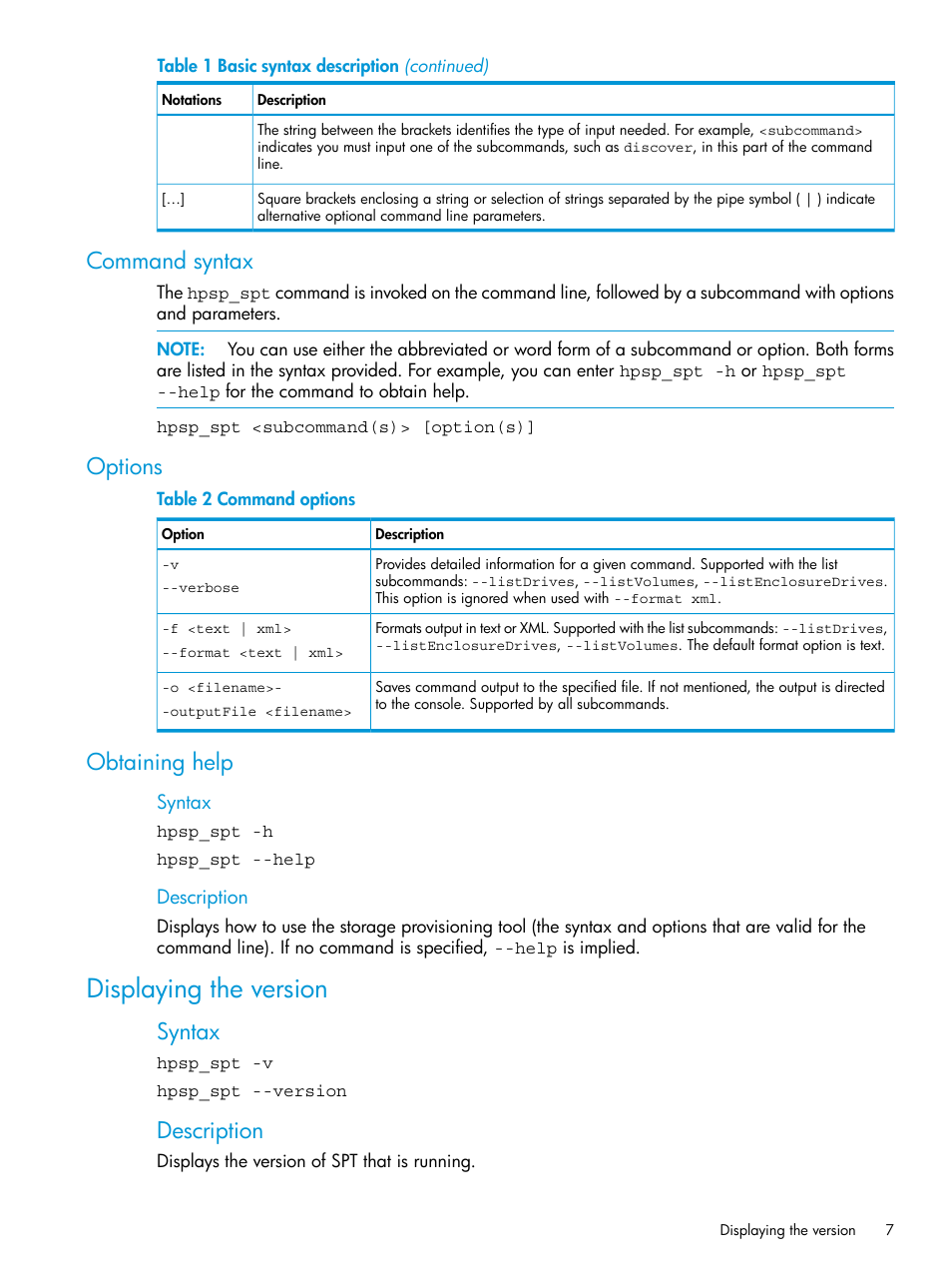 Command syntax, Options, Obtaining help | Displaying the version, Command syntax options obtaining help, Syntax, Description | HP StoreAll Storage User Manual | Page 7 / 47