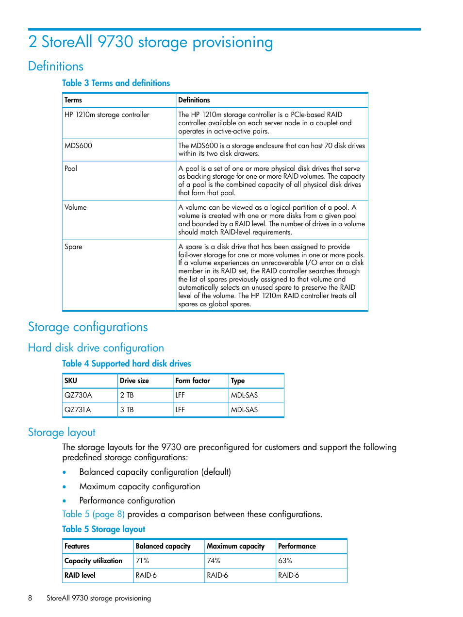 2 storeall 9730 storage provisioning, Definitions, Storage configurations | Hard disk drive configuration, Storage layout, Definitions storage configurations, Hard disk drive configuration storage layout | HP StoreAll Storage User Manual | Page 8 / 47