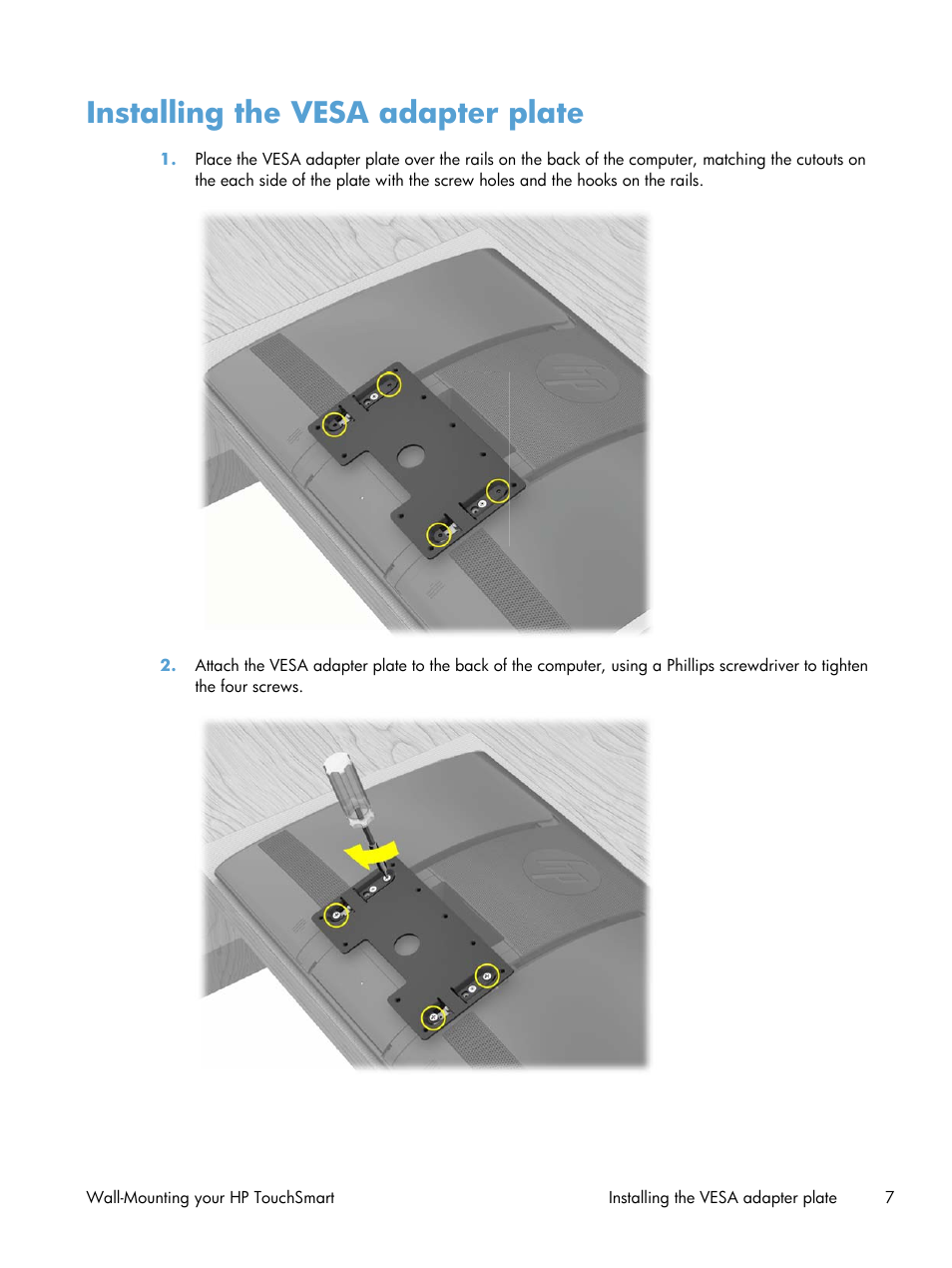 Installing the vesa adapter plate | HP TouchSmart 9300 Elite All-in-One PC User Manual | Page 11 / 20