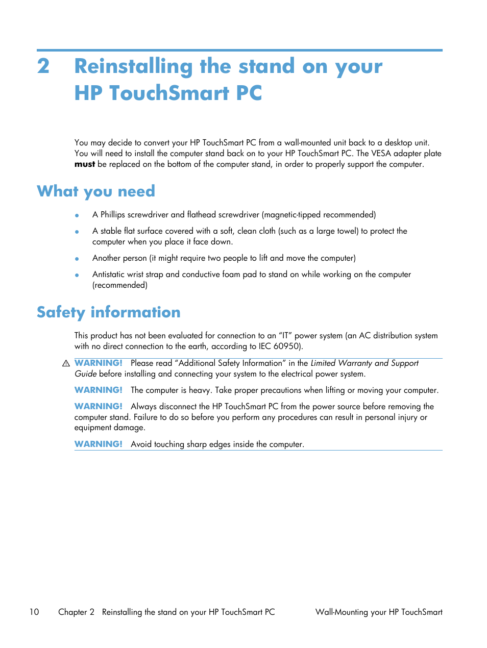 Reinstalling the stand on your hp touchsmart pc, What you need, Safety information | 2 reinstalling the stand on your hp touchsmart pc, What you need safety information | HP TouchSmart 9300 Elite All-in-One PC User Manual | Page 14 / 20