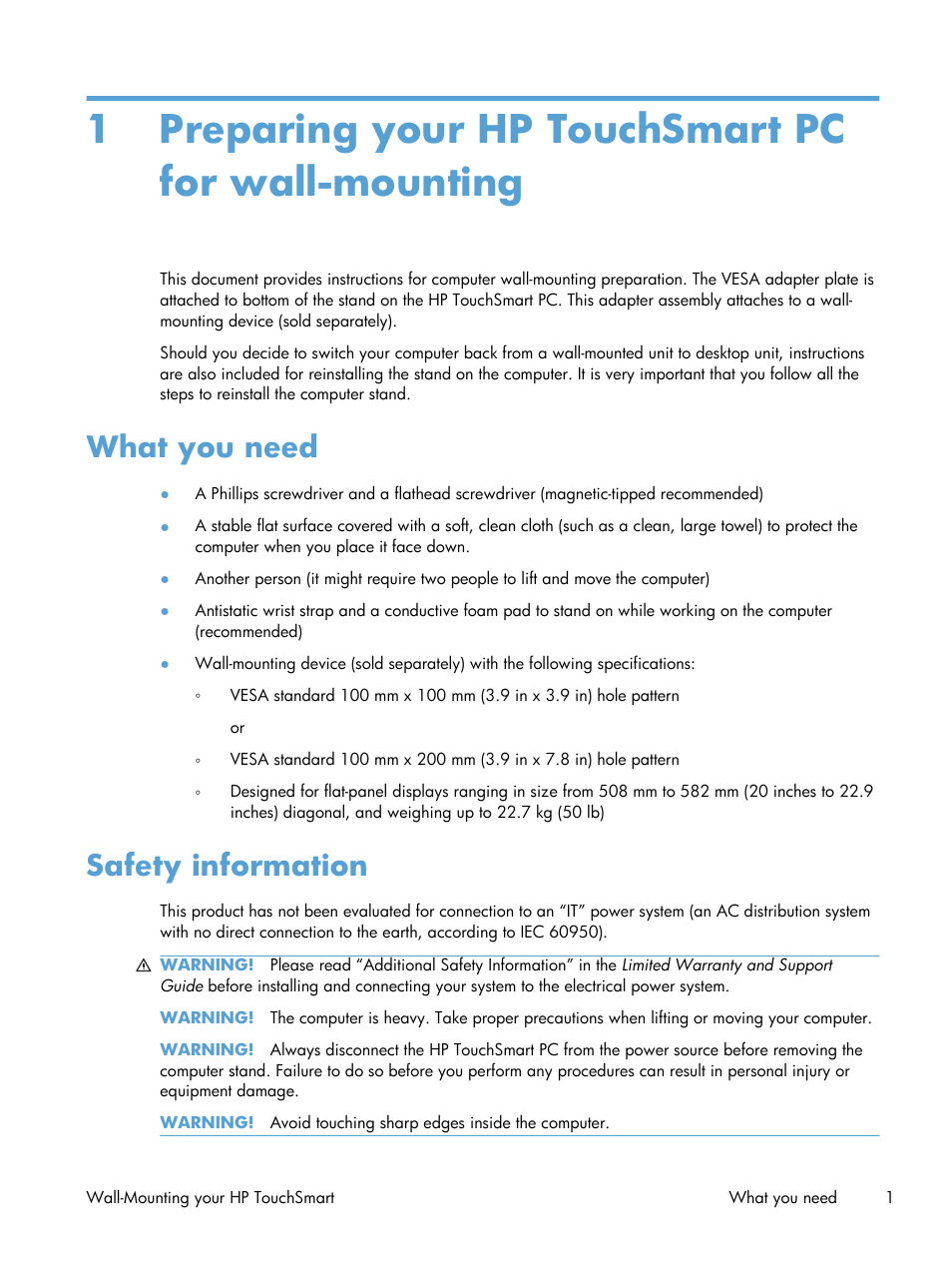 Preparing your hp touchsmart pc for wall-mounting, What you need, Safety information | What you need safety information | HP TouchSmart 9300 Elite All-in-One PC User Manual | Page 5 / 20