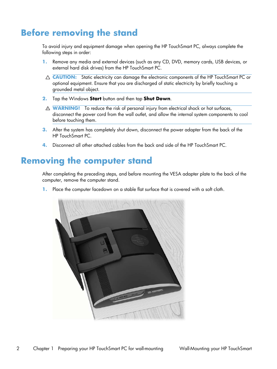 Before removing the stand, Removing the computer stand | HP TouchSmart 9300 Elite All-in-One PC User Manual | Page 6 / 20