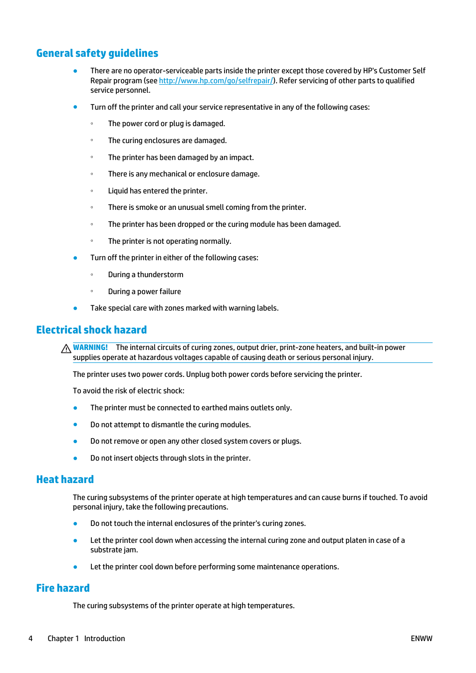 General safety guidelines, Electrical shock hazard, Heat hazard | Fire hazard | HP Latex 360 Printer User Manual | Page 10 / 184