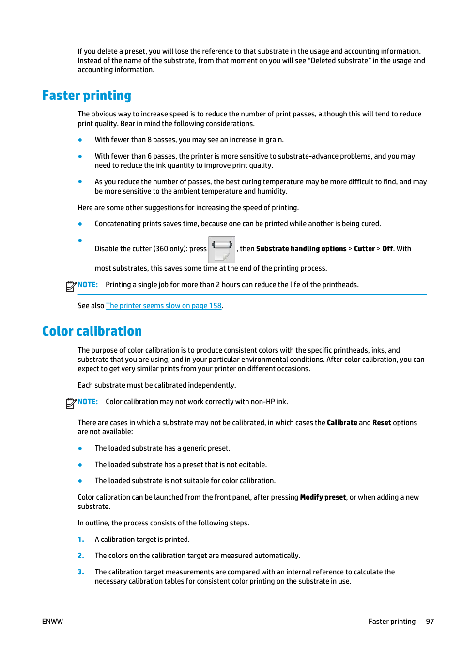 Faster printing, Color calibration, Faster printing color calibration | HP Latex 360 Printer User Manual | Page 103 / 184