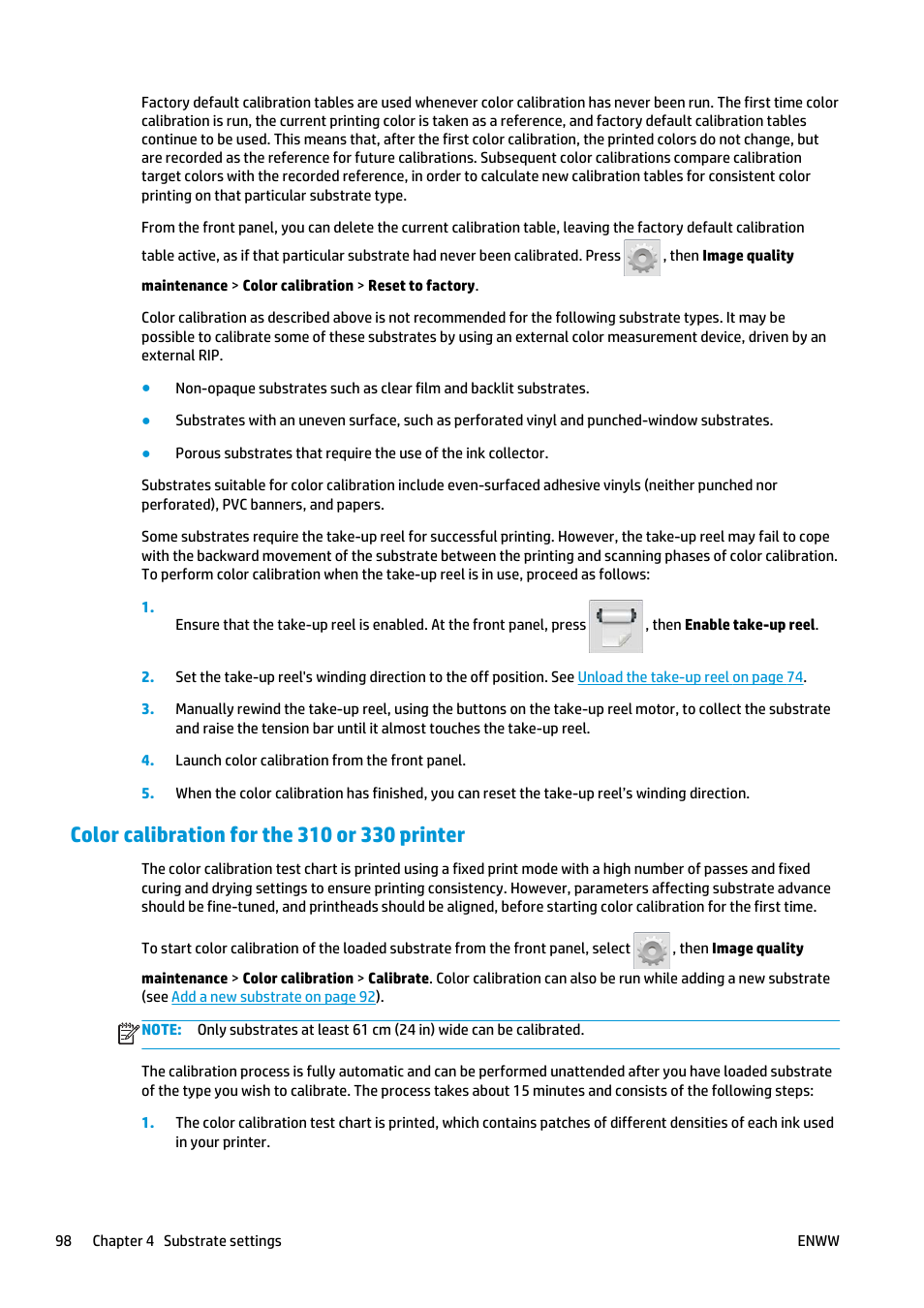 Color calibration for the 310 or 330 printer | HP Latex 360 Printer User Manual | Page 104 / 184