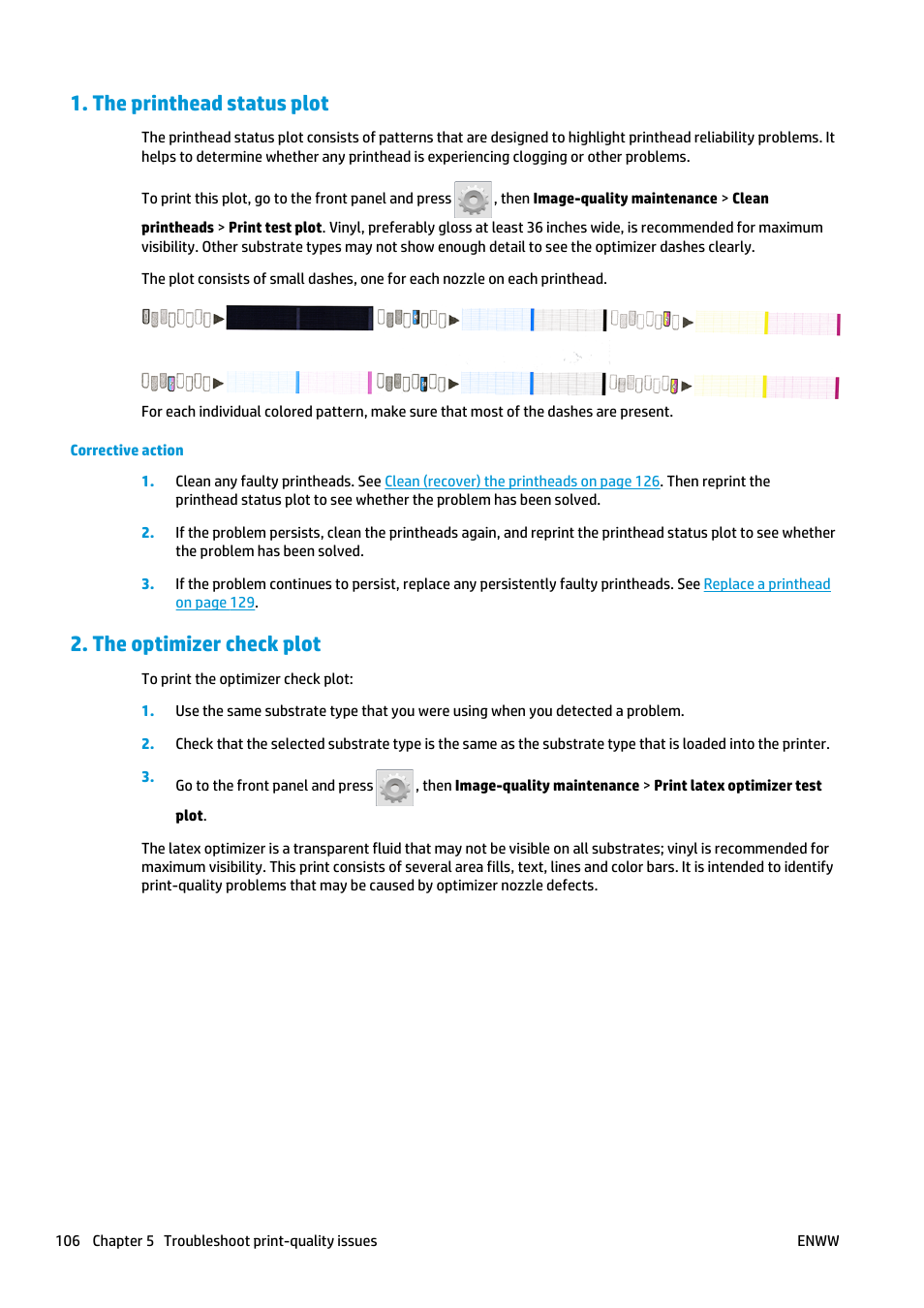 The printhead status plot, The optimizer check plot | HP Latex 360 Printer User Manual | Page 112 / 184
