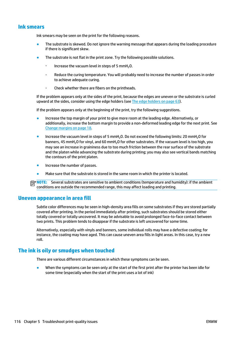 Ink smears, Uneven appearance in area fill, The ink is oily or smudges when touched | HP Latex 360 Printer User Manual | Page 122 / 184