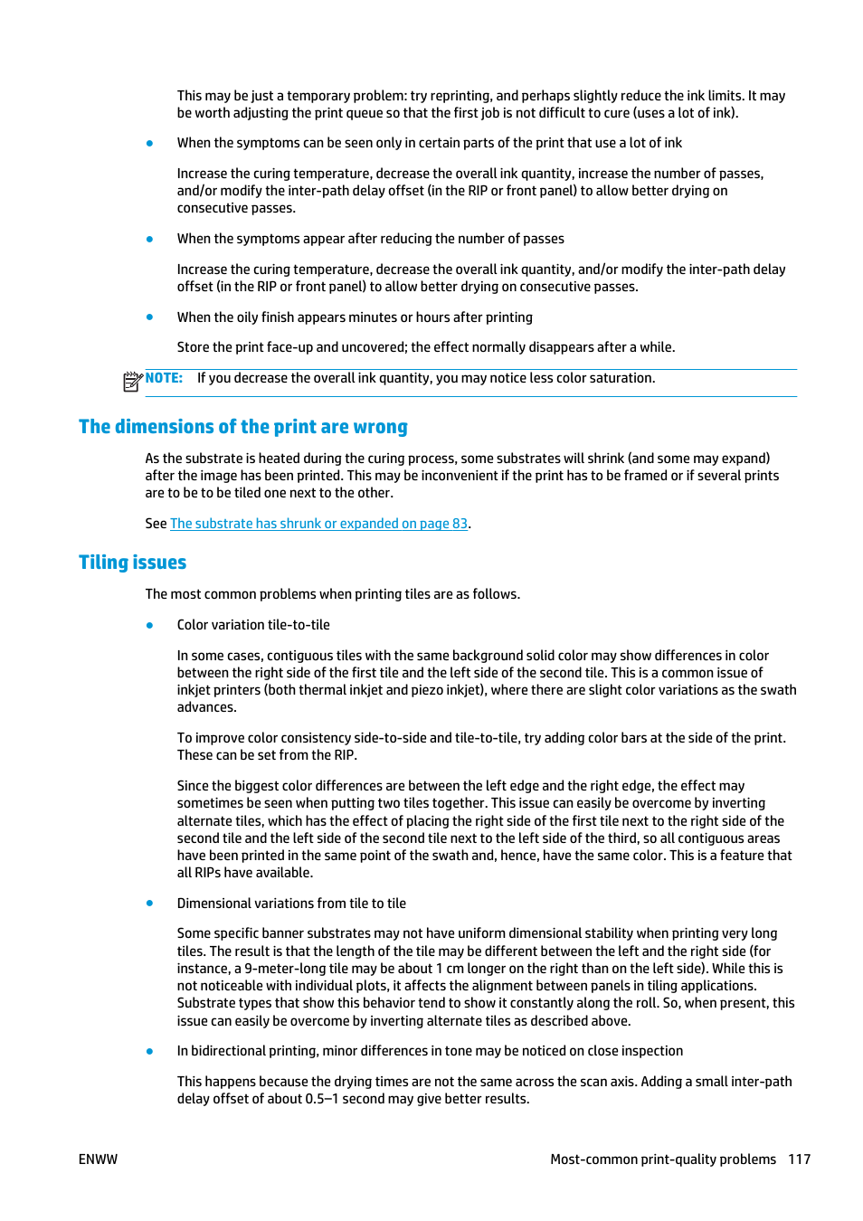 The dimensions of the print are wrong, Tiling issues | HP Latex 360 Printer User Manual | Page 123 / 184