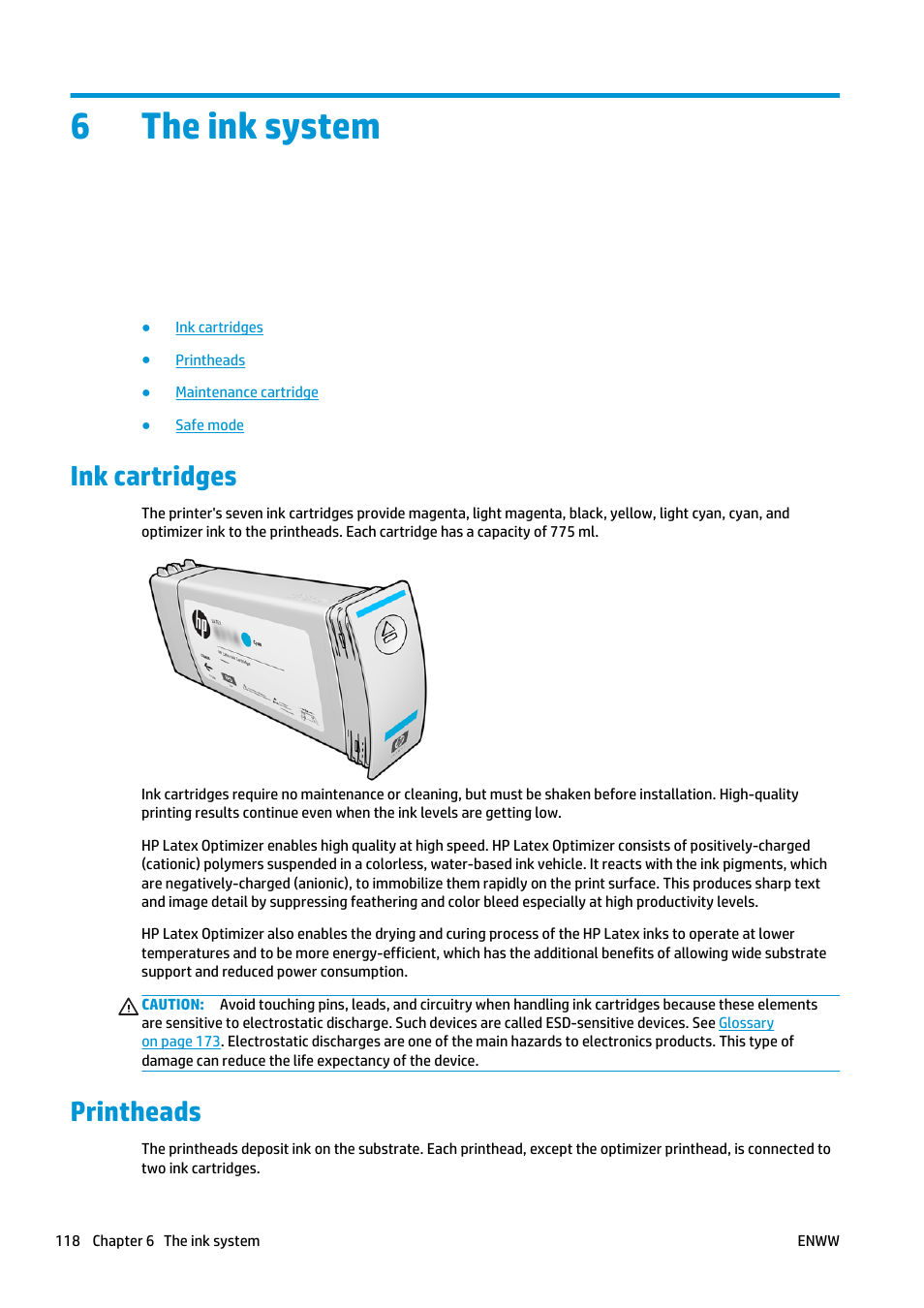 The ink system, Ink cartridges, Printheads | 6 the ink system, Ink cartridges printheads, 6the ink system | HP Latex 360 Printer User Manual | Page 124 / 184