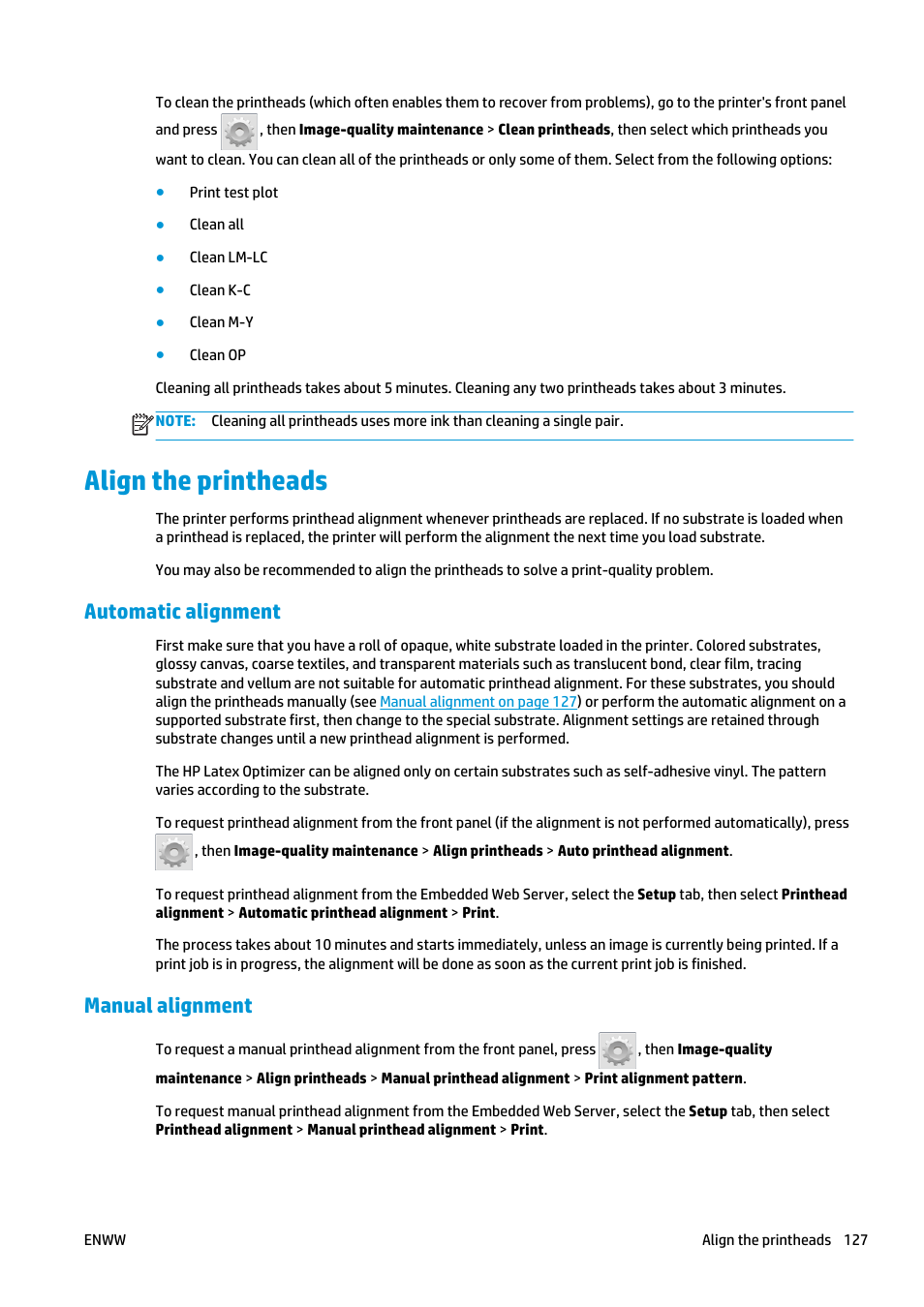 Align the printheads, Automatic alignment, Manual alignment | Align the | HP Latex 360 Printer User Manual | Page 133 / 184