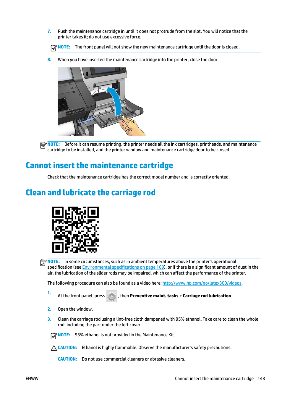 Cannot insert the maintenance cartridge, Clean and lubricate the carriage rod | HP Latex 360 Printer User Manual | Page 149 / 184