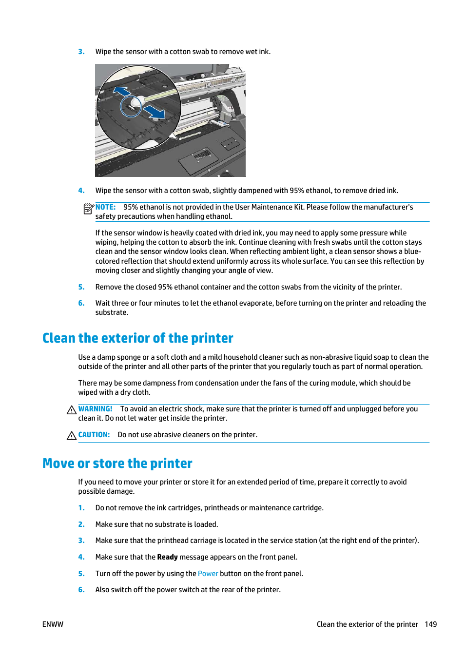 Clean the exterior of the printer, Move or store the printer | HP Latex 360 Printer User Manual | Page 155 / 184