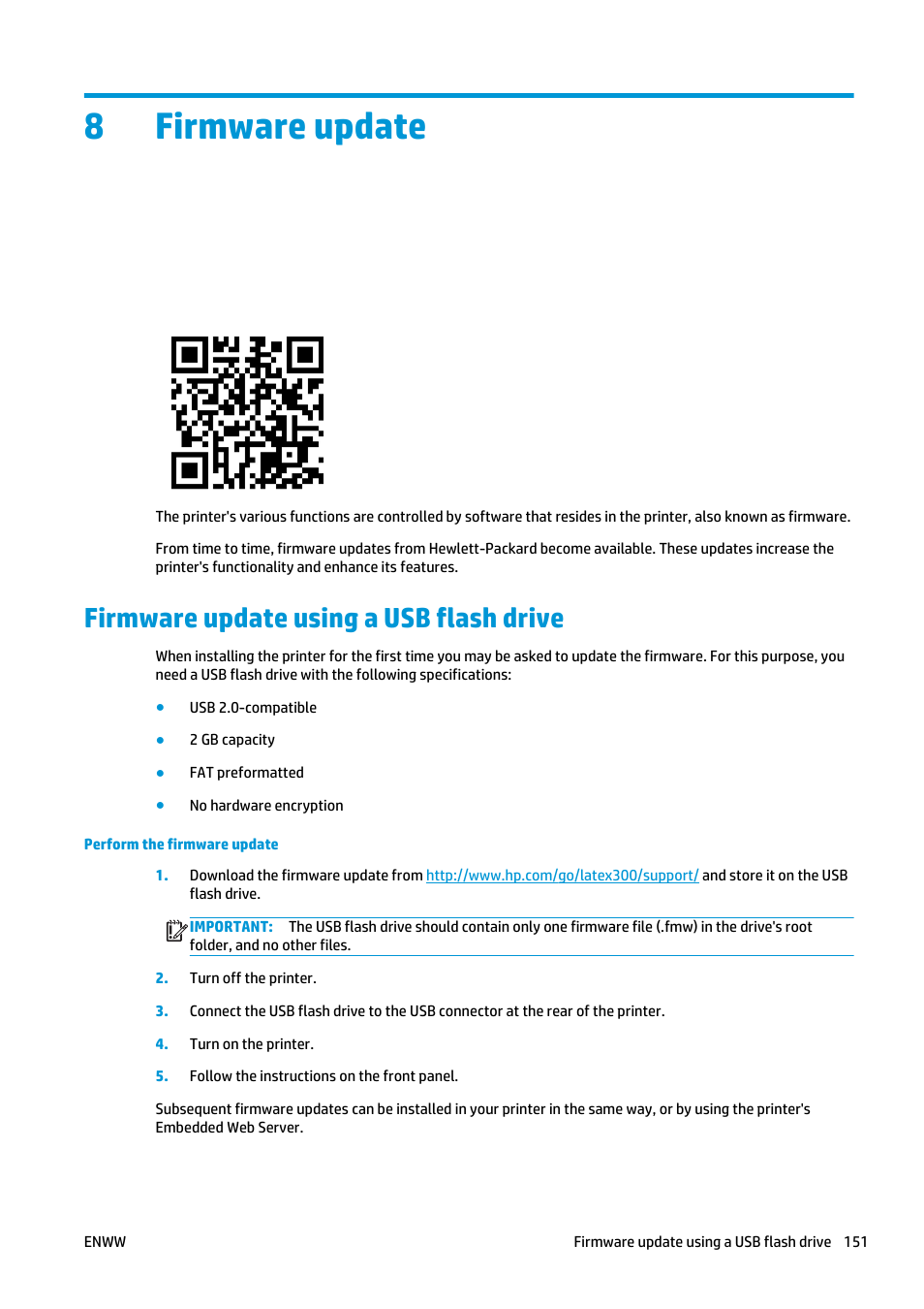 Firmware update, Firmware update using a usb flash drive, 8 firmware update | 8firmware update | HP Latex 360 Printer User Manual | Page 157 / 184