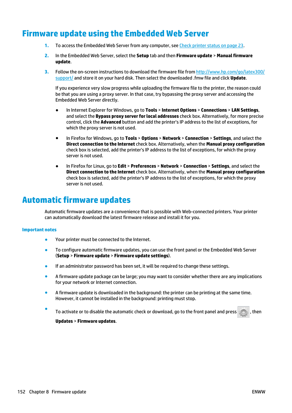 Firmware update using the embedded web server, Automatic firmware updates | HP Latex 360 Printer User Manual | Page 158 / 184