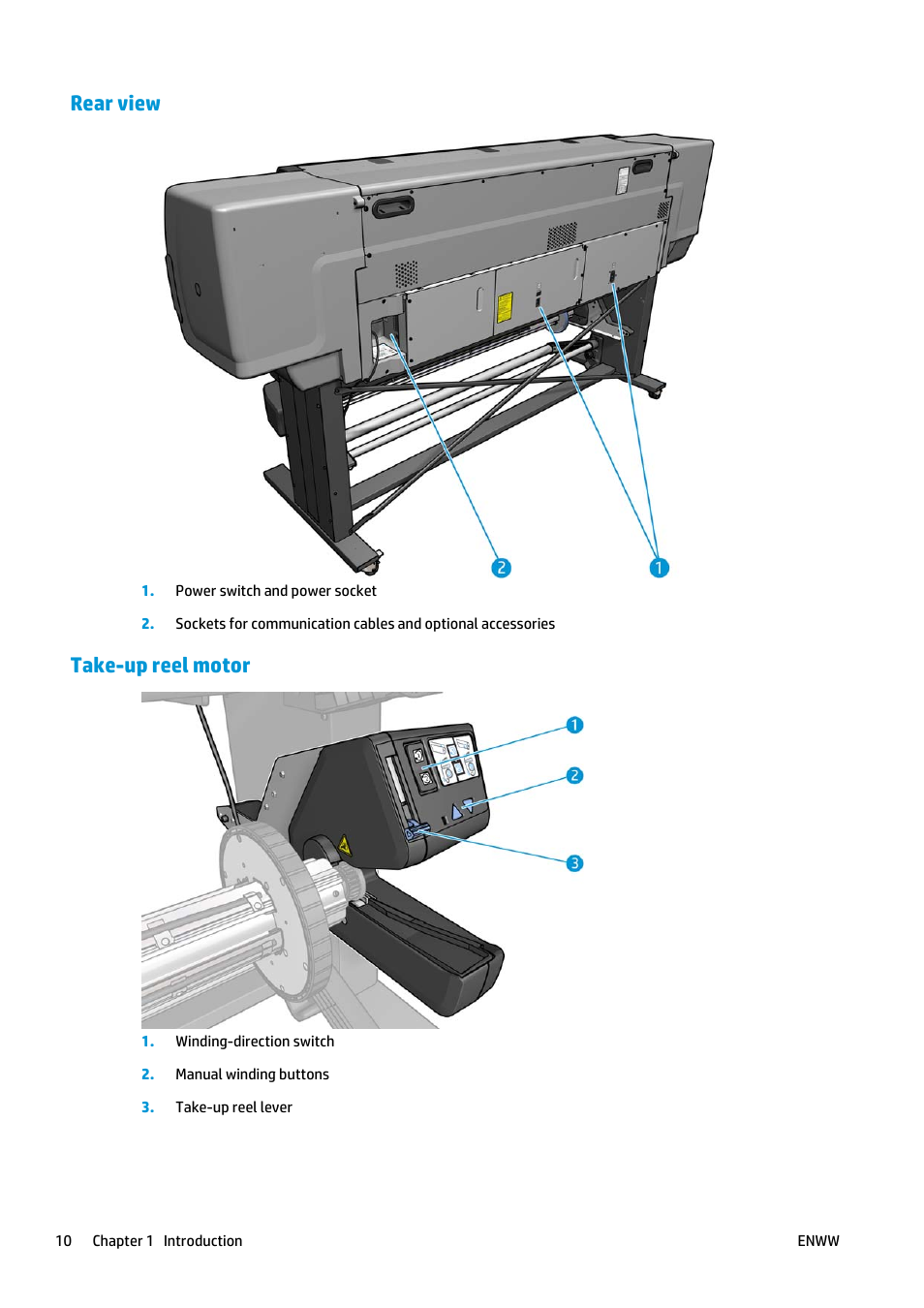Rear view, Take-up reel motor | HP Latex 360 Printer User Manual | Page 16 / 184