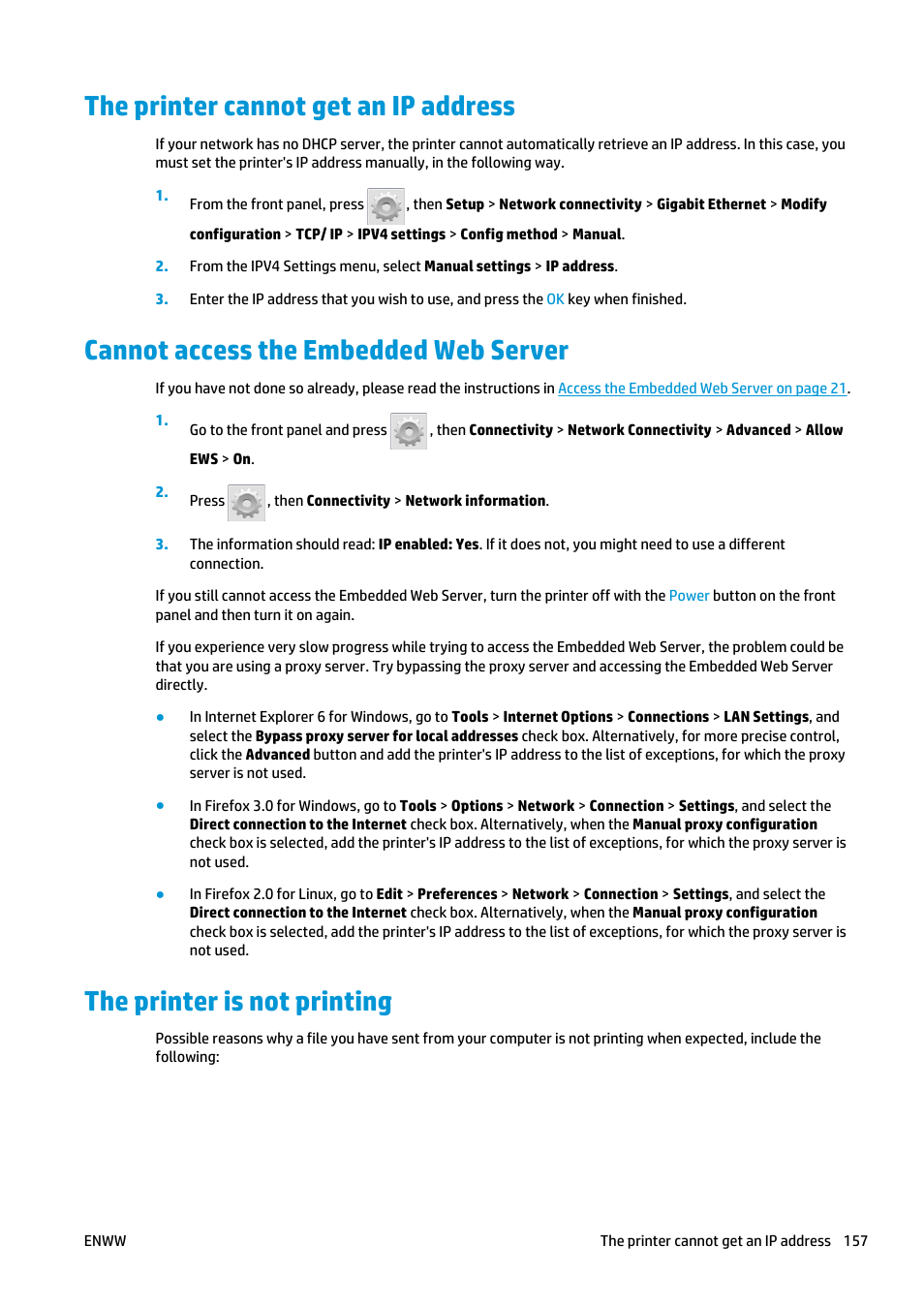The printer cannot get an ip address, Cannot access the embedded web server, The printer is not printing | HP Latex 360 Printer User Manual | Page 163 / 184