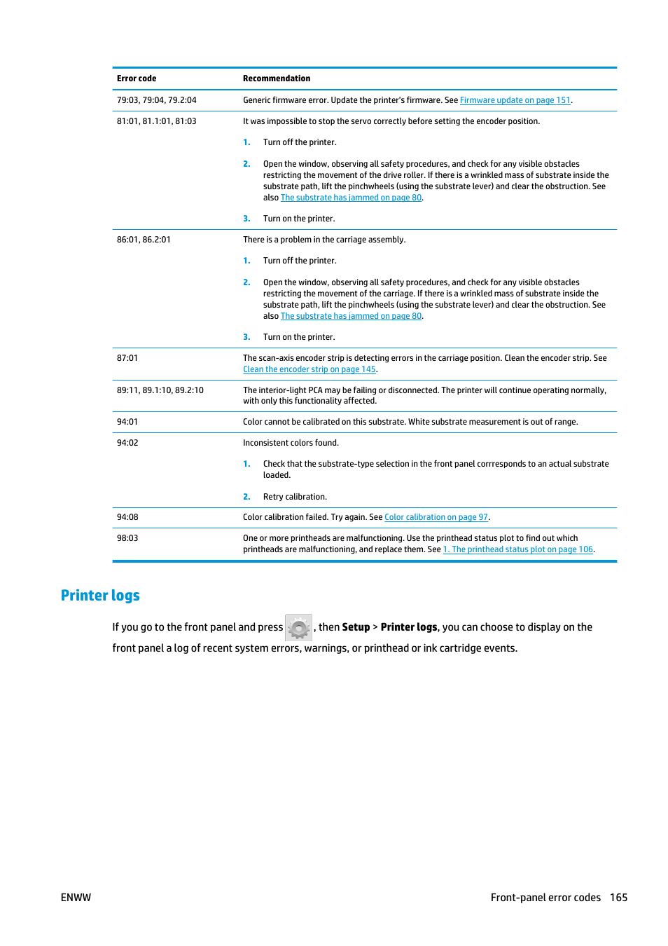 Printer logs | HP Latex 360 Printer User Manual | Page 171 / 184