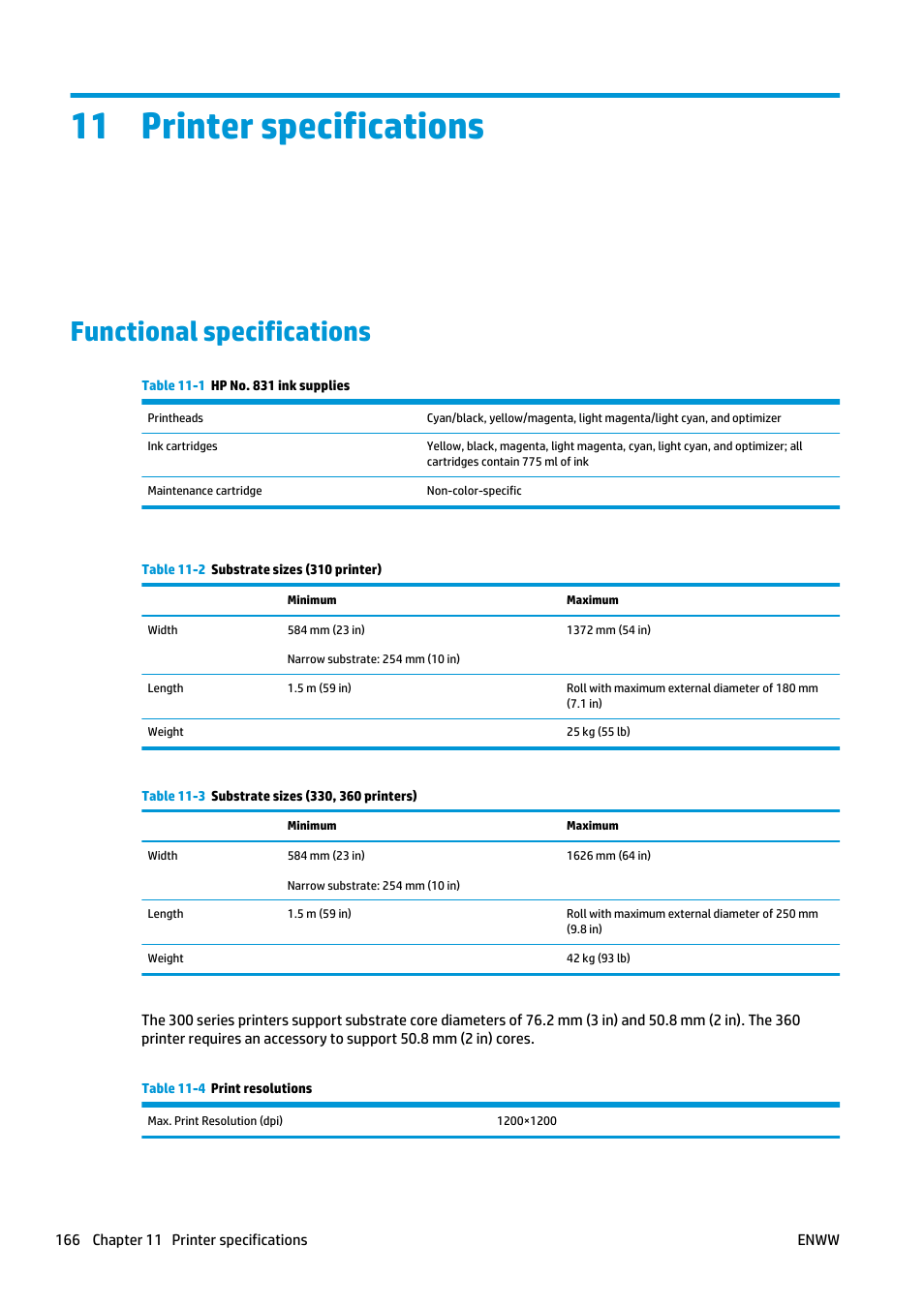Printer specifications, Functional specifications, 11 printer specifications | HP Latex 360 Printer User Manual | Page 172 / 184
