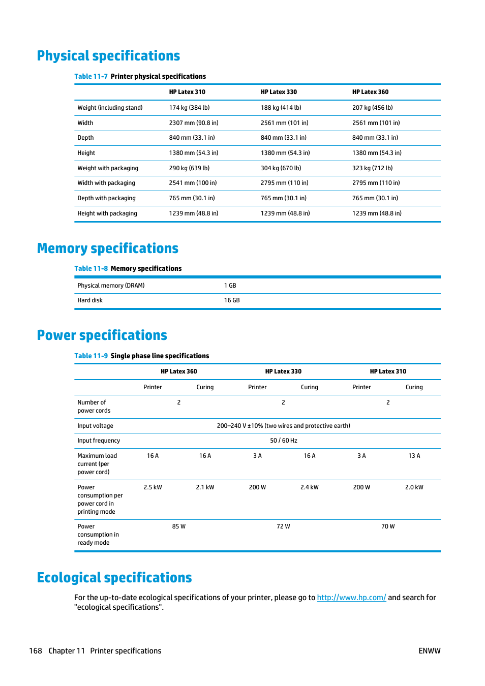 Physical specifications, Memory specifications, Power specifications | Ecological specifications | HP Latex 360 Printer User Manual | Page 174 / 184