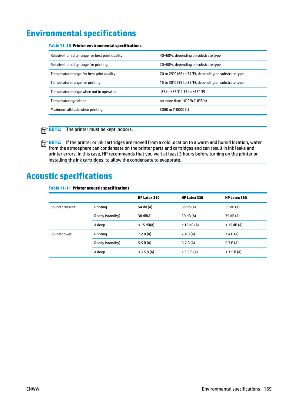 Environmental specifications, Acoustic specifications | HP Latex 360 Printer User Manual | Page 175 / 184